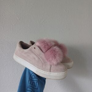 Sam Edelman Blush Suede Sneakers with Faux Fur Pom Poms